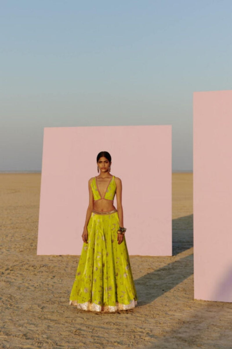 B.LIME PRINTED SILK VELVET LAHENGA SET by Rajiramniq for women Worldwide