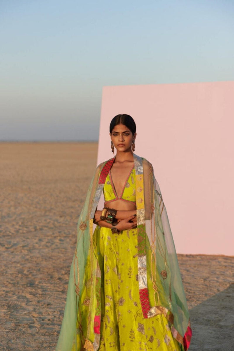 B.LIME PRINTED SILK VELVET LAHENGA SET by Rajiramniq for women Worldwide