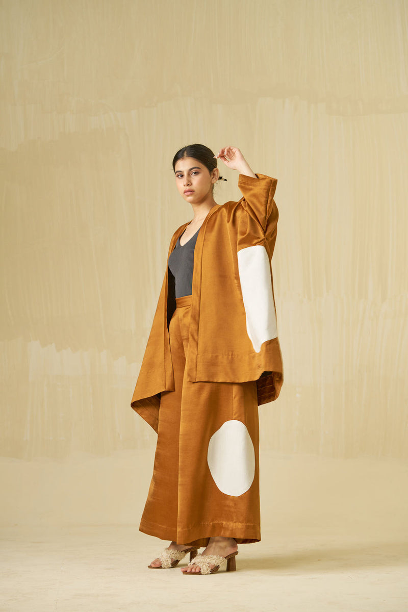 Blossom Pants-Honey + Silver satin linen pant/trouser by Stoique in honey, silver for women Worldwide