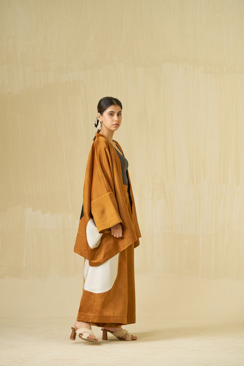 Blossom Pants-Honey + Silver satin linen pant/trouser by Stoique in honey, silver for women Worldwide