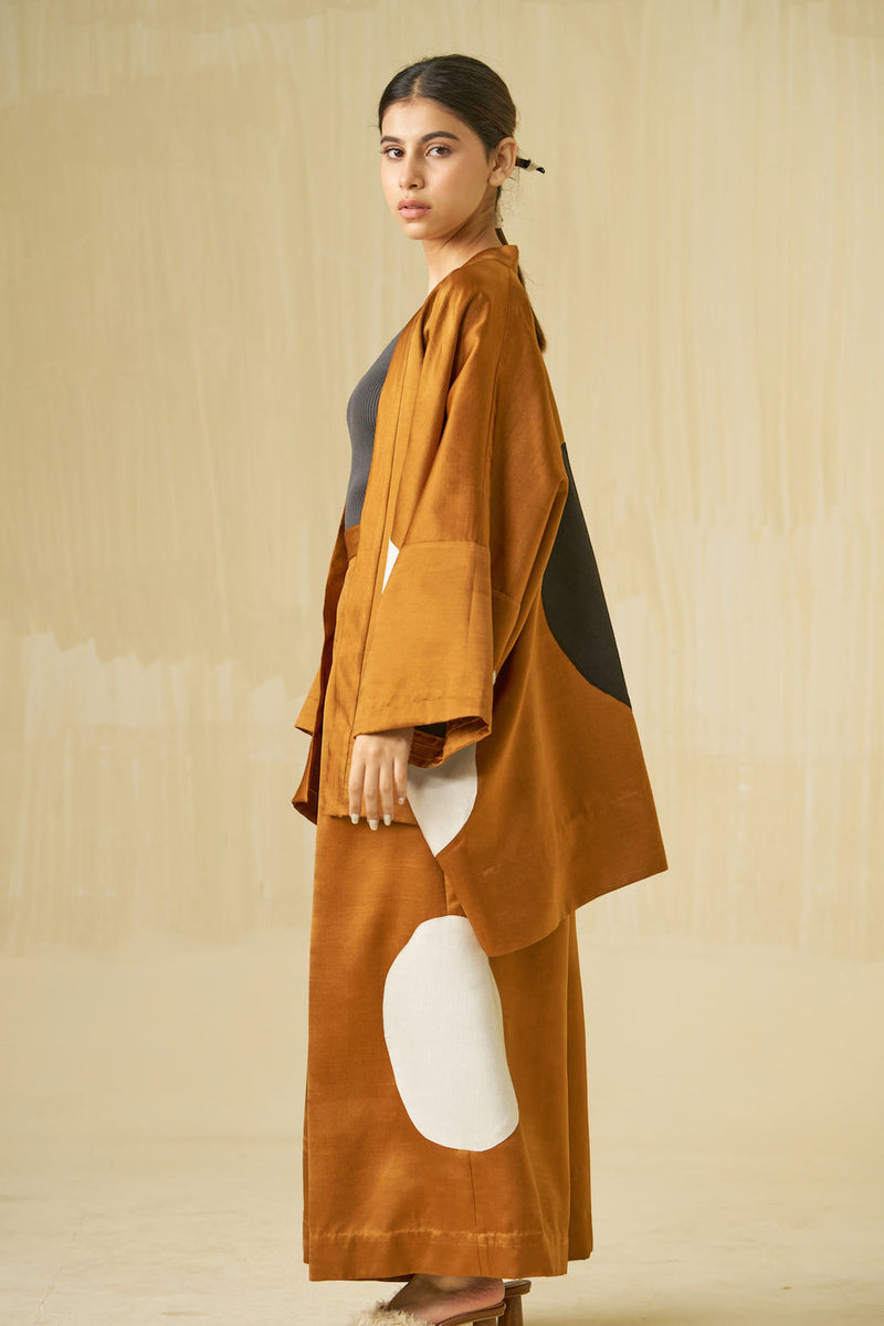 Blossom Pants-Honey + Silver satin linen pant/trouser by Stoique in honey, silver for women Worldwide
