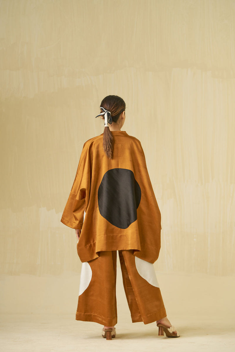 Blossom Pants-Honey + Silver satin linen pant/trouser by Stoique in honey, silver for women Worldwide
