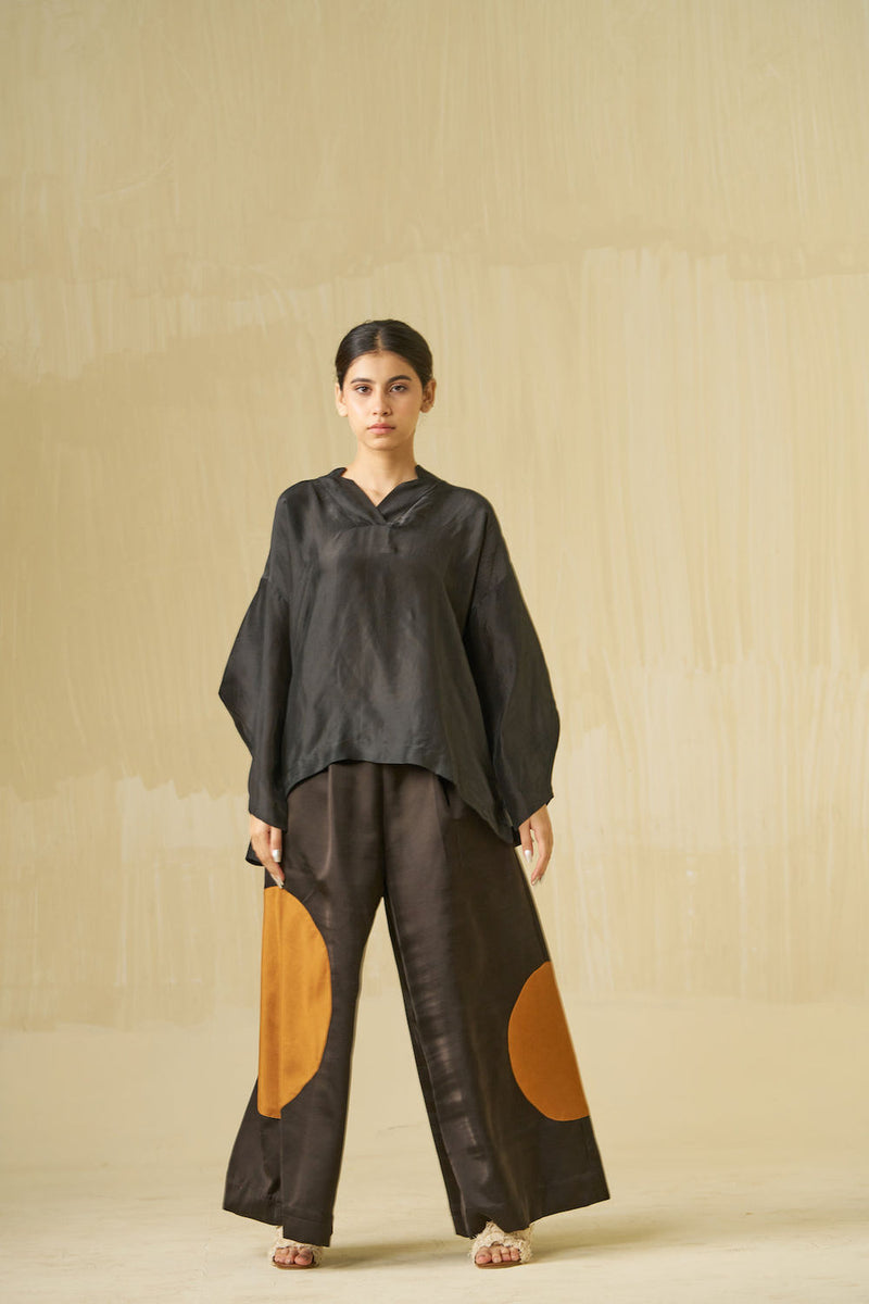 Blossom Pants-Black + Honey satin linen pant/trouser by Stoique in black, honey for women Worldwide