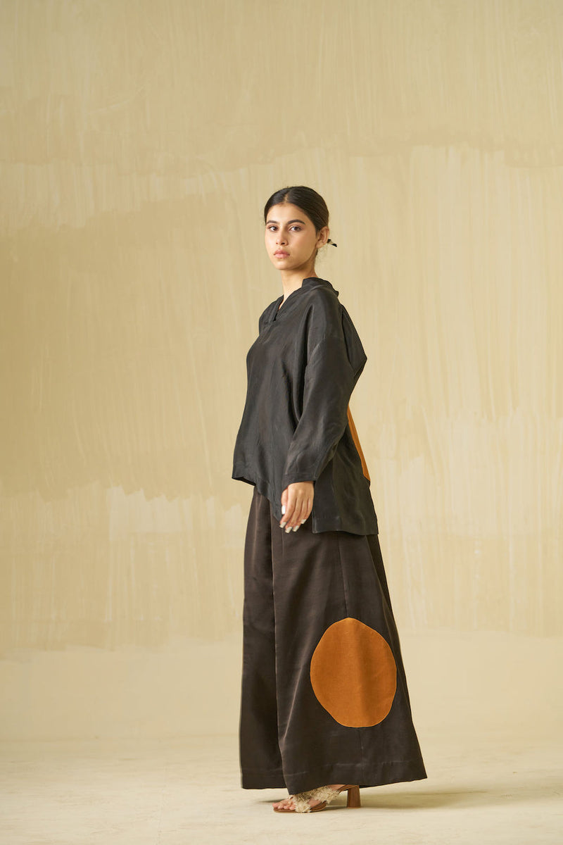 Blossom Pants-Black + Honey satin linen pant/trouser by Stoique in black, honey for women Worldwide
