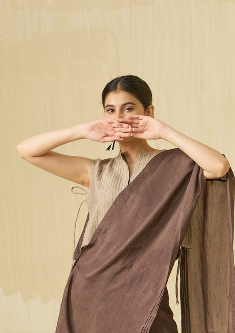Bluebird Top-Taupe mysore silk top/shirt by Stoique in taupe for women Worldwide