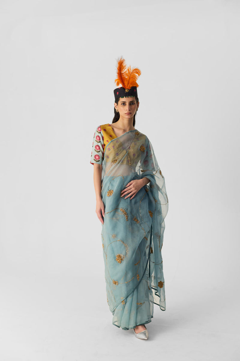 BLUE EMBROIDERED SAREE organza by Yam in blue color for women Worldwide