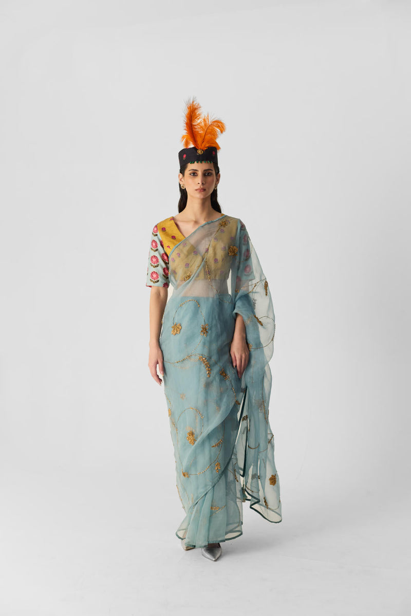 BLUE EMBROIDERED SAREE organza by Yam in blue color for women Worldwide