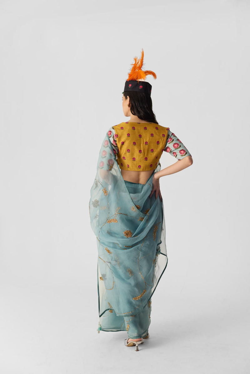 BLUE EMBROIDERED SAREE organza by Yam in blue color for women Worldwide