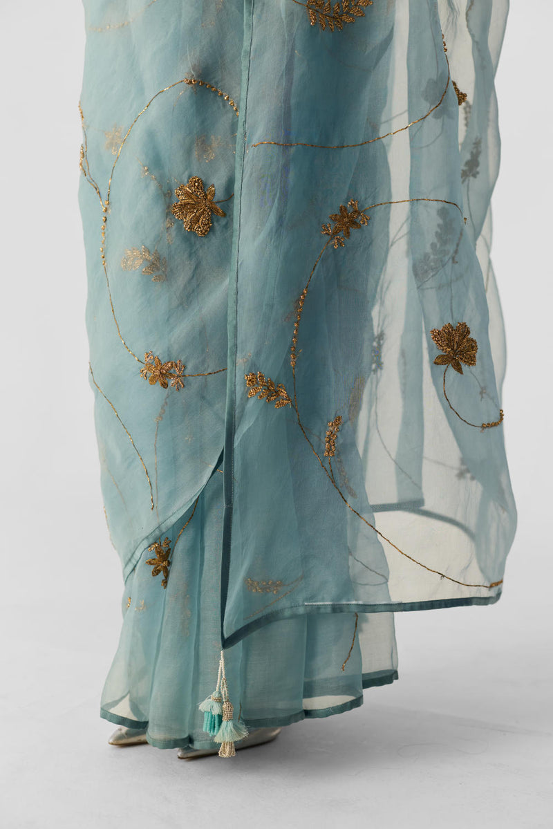 BLUE EMBROIDERED SAREE organza by Yam in blue color for women Worldwide