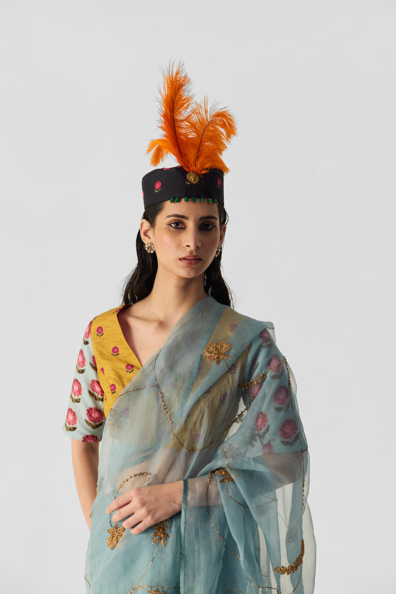 BLUE EMBROIDERED SAREE organza by Yam in blue color for women Worldwide