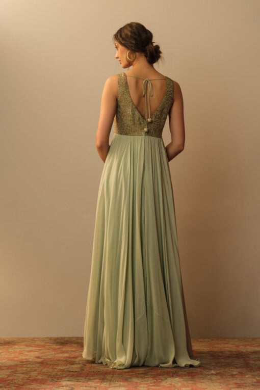 Brocade Bodice Long Dress Aquamarine Indo-Western Wear by Mallika Mathur for women Worldwide