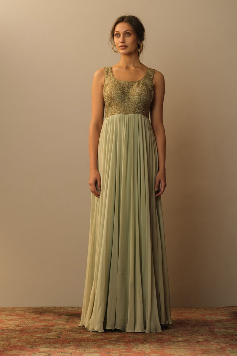 Brocade Bodice Long Dress Aquamarine Indo-Western Wear by Mallika Mathur for women Worldwide