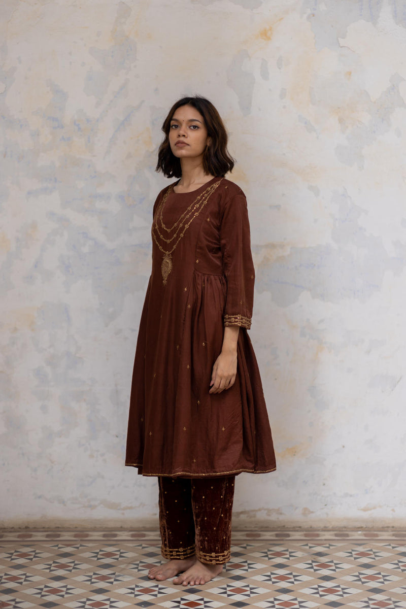 Brown Mumtaz Peshwaz Kurta Sets by Nirjara for women Worldwide