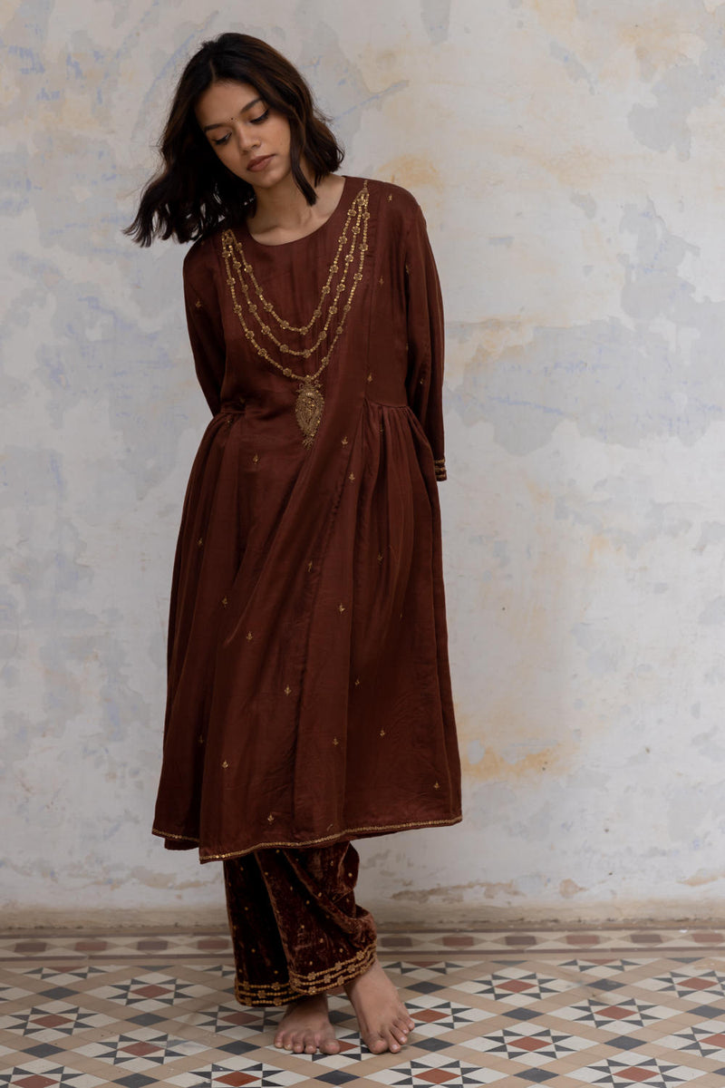 Brown Mumtaz Peshwaz Kurta Sets by Nirjara for women Worldwide