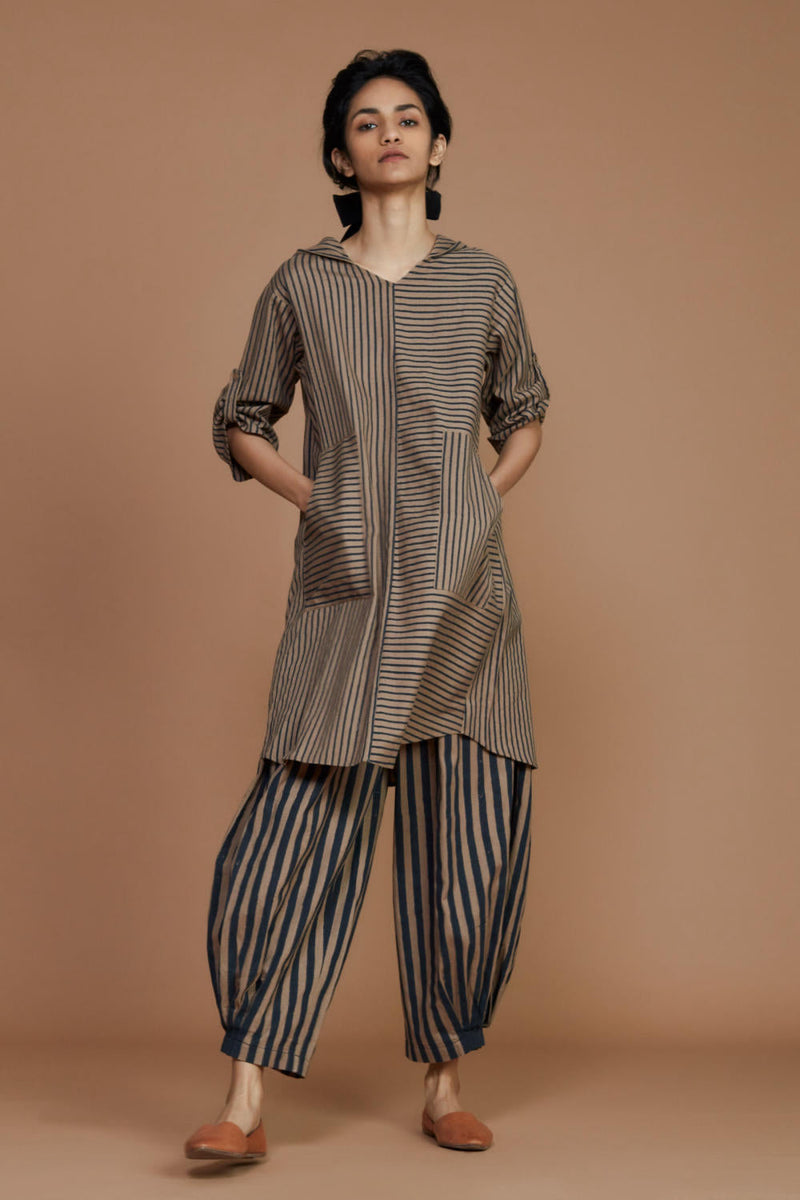 Brown With Charcoal Striped Hooded Co-ord Set Co-ord Set,Dress by Mati for women Worldwide