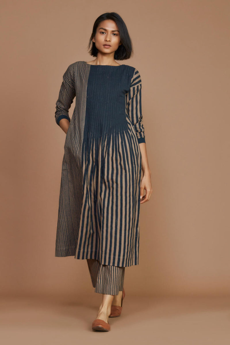 Brown With Charcoal Striped Pleated Co-Ord Set Co-ord Set by Mati for women Worldwide
