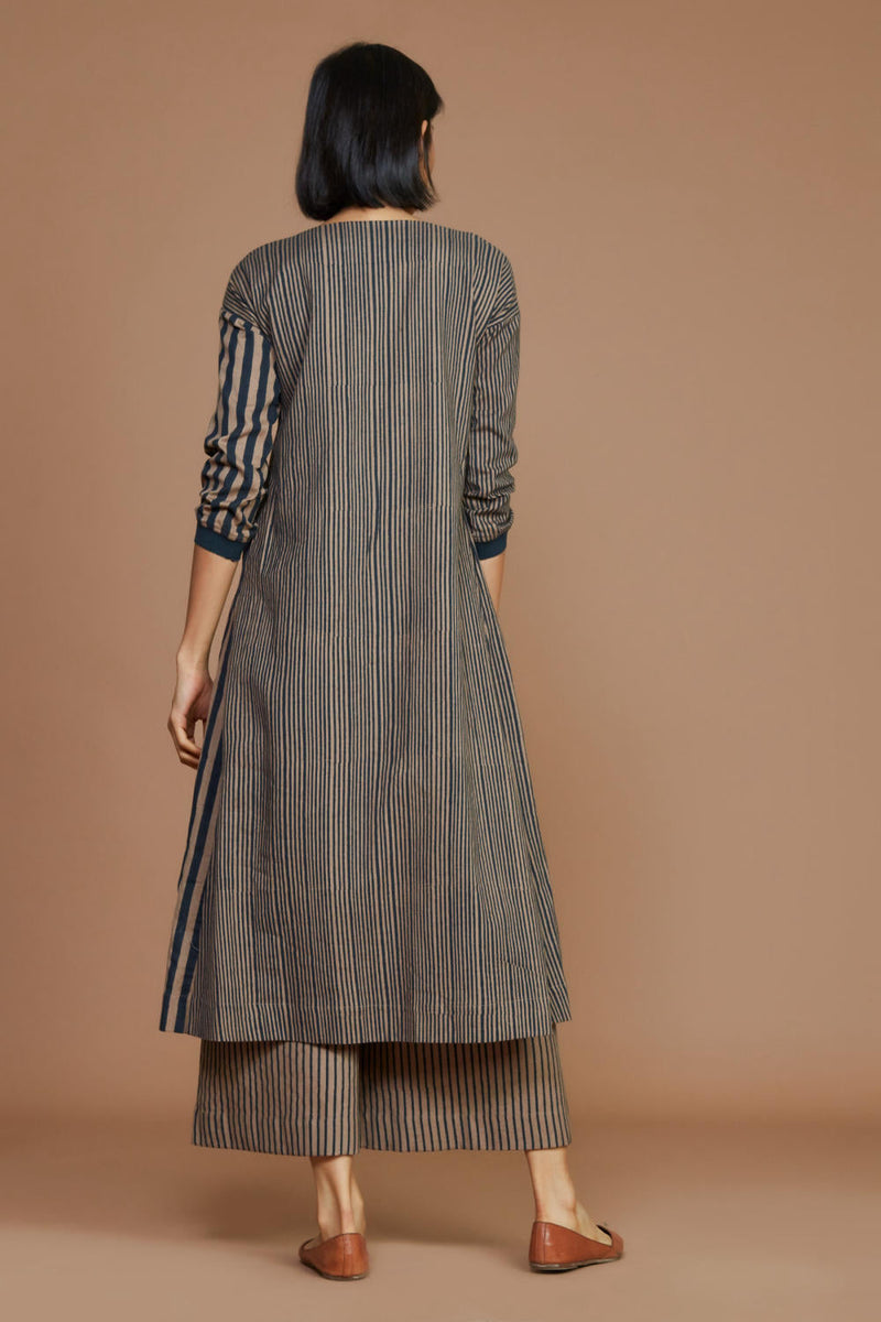Brown With Charcoal Striped Pleated Co-Ord Set Co-ord Set by Mati for women Worldwide