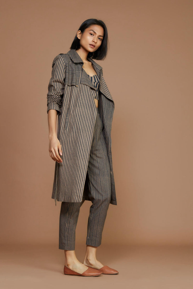 Brown with Charcoal Striped Trench & Corset Co-Ord Set Co-ord Set by Mati for women Worldwide