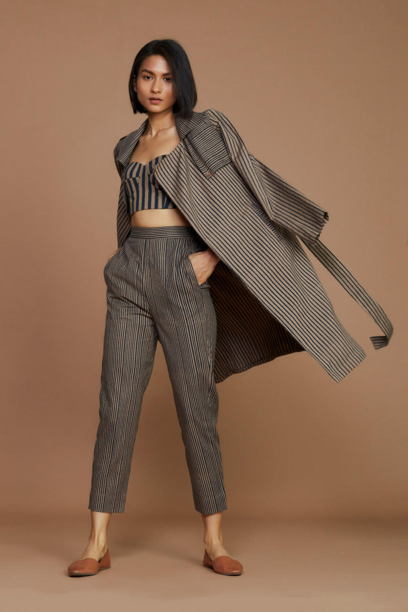 Brown with Charcoal Striped Trench & Corset Co-Ord Set Co-ord Set by Mati for women Worldwide