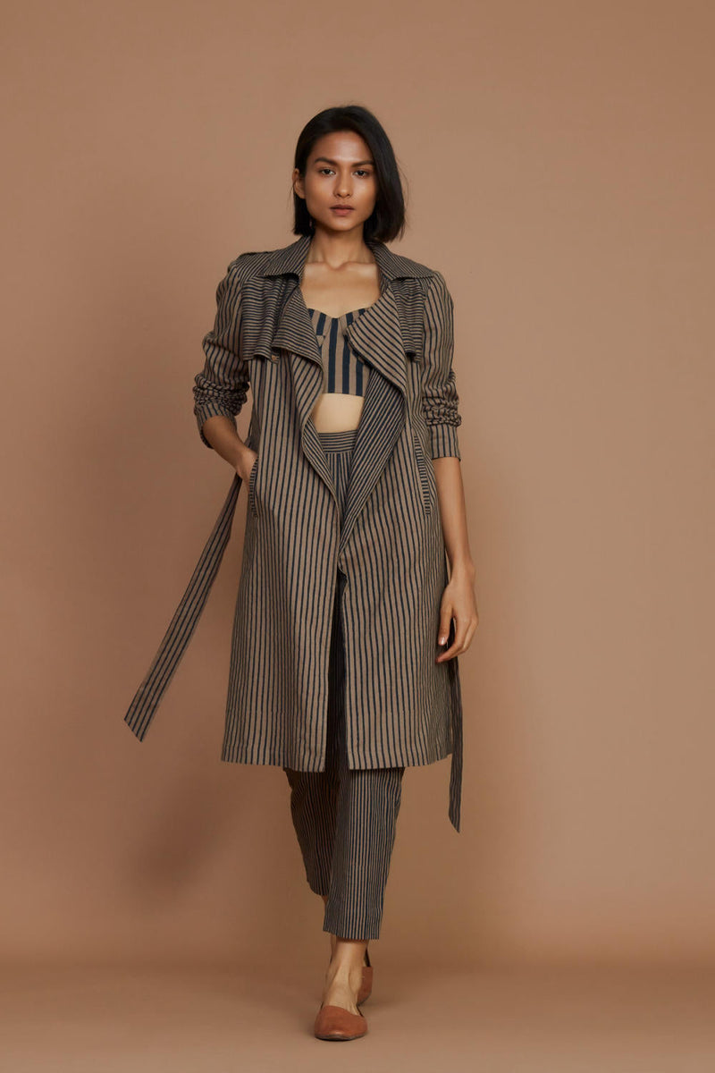 Brown with Charcoal Striped Trench & Corset Co-Ord Set Co-ord Set by Mati for women Worldwide