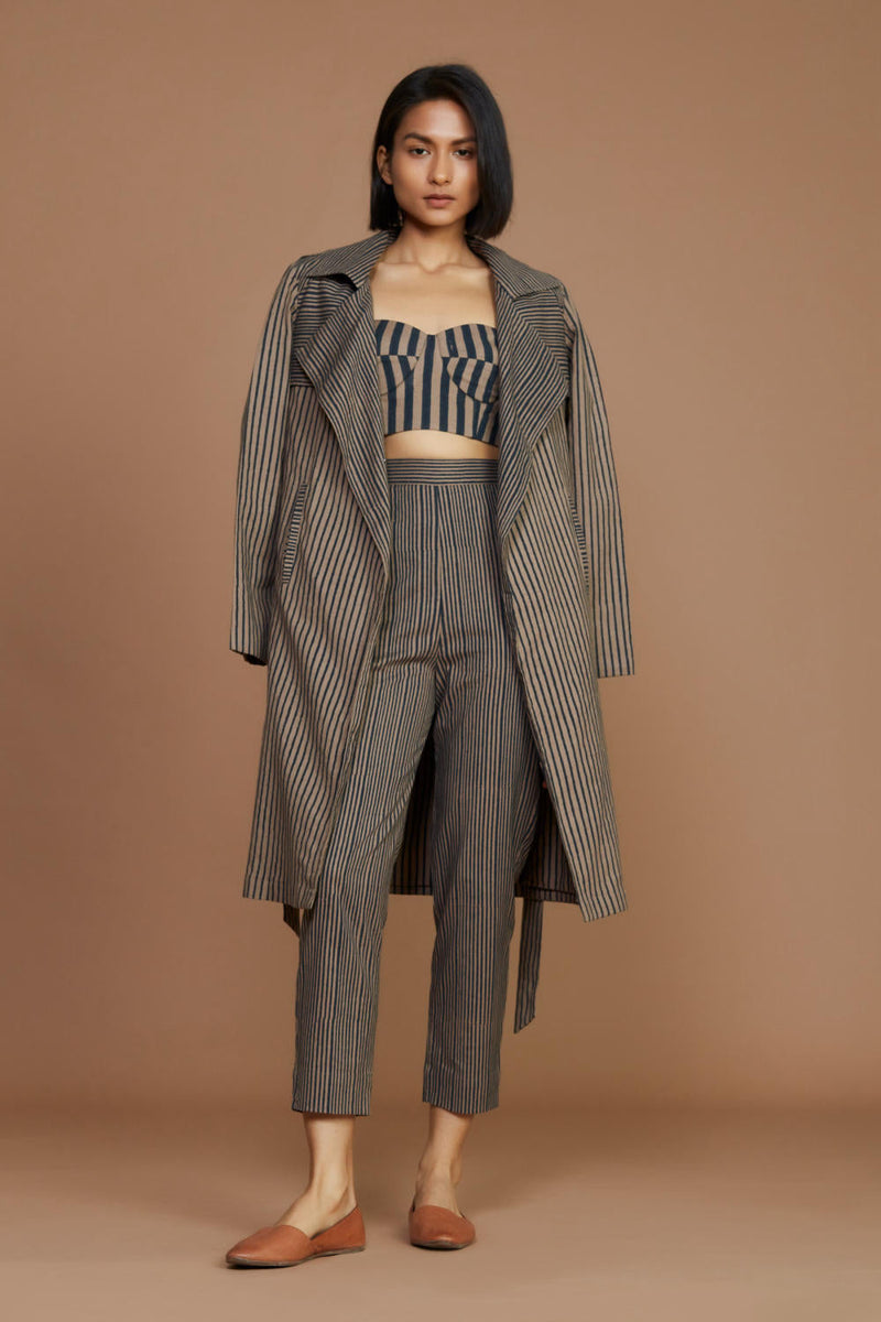 Brown with Charcoal Striped Trench & Corset Co-Ord Set Co-ord Set by Mati for women Worldwide