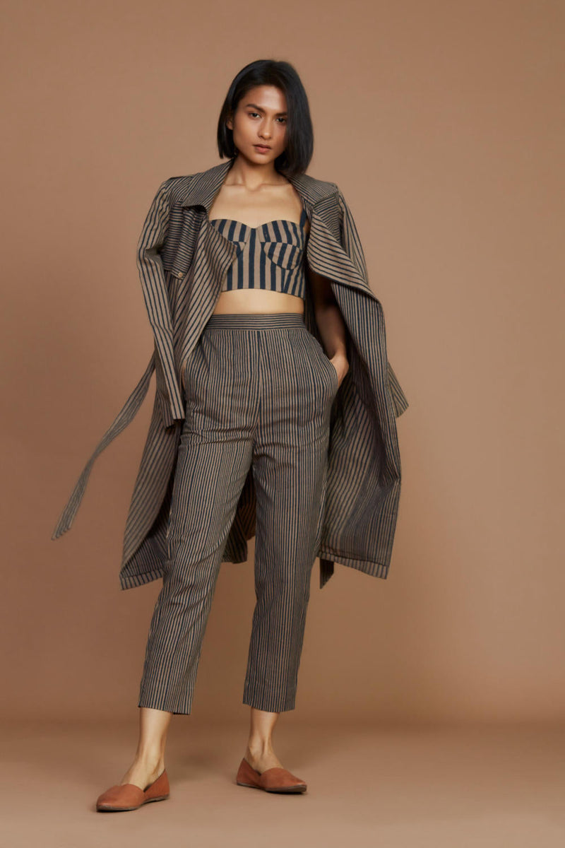 Brown with Charcoal Striped Trench & Corset Co-Ord Set Co-ord Set by Mati for women Worldwide