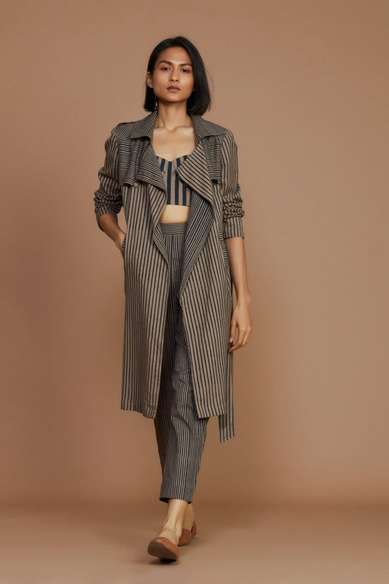 Brown with Charcoal Striped Trench & Corset Co-Ord Set Co-ord Set by Mati for women Worldwide