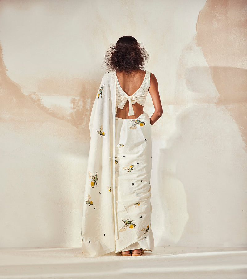 Busy Bee Saree Sarees by Khara Kapas in white for women Worldwide