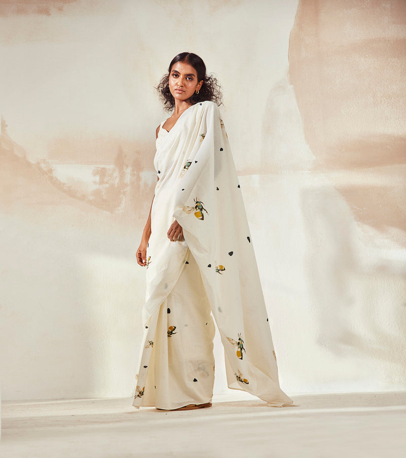 Busy Bee Saree Sarees by Khara Kapas in white for women Worldwide