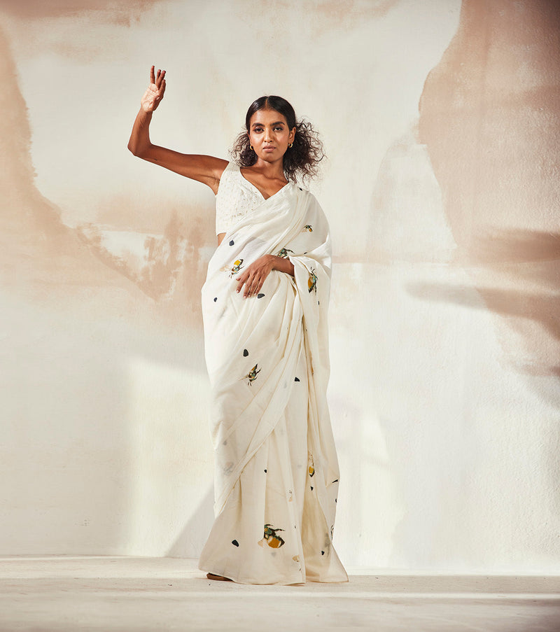 Busy Bee Saree Sarees by Khara Kapas in white for women Worldwide