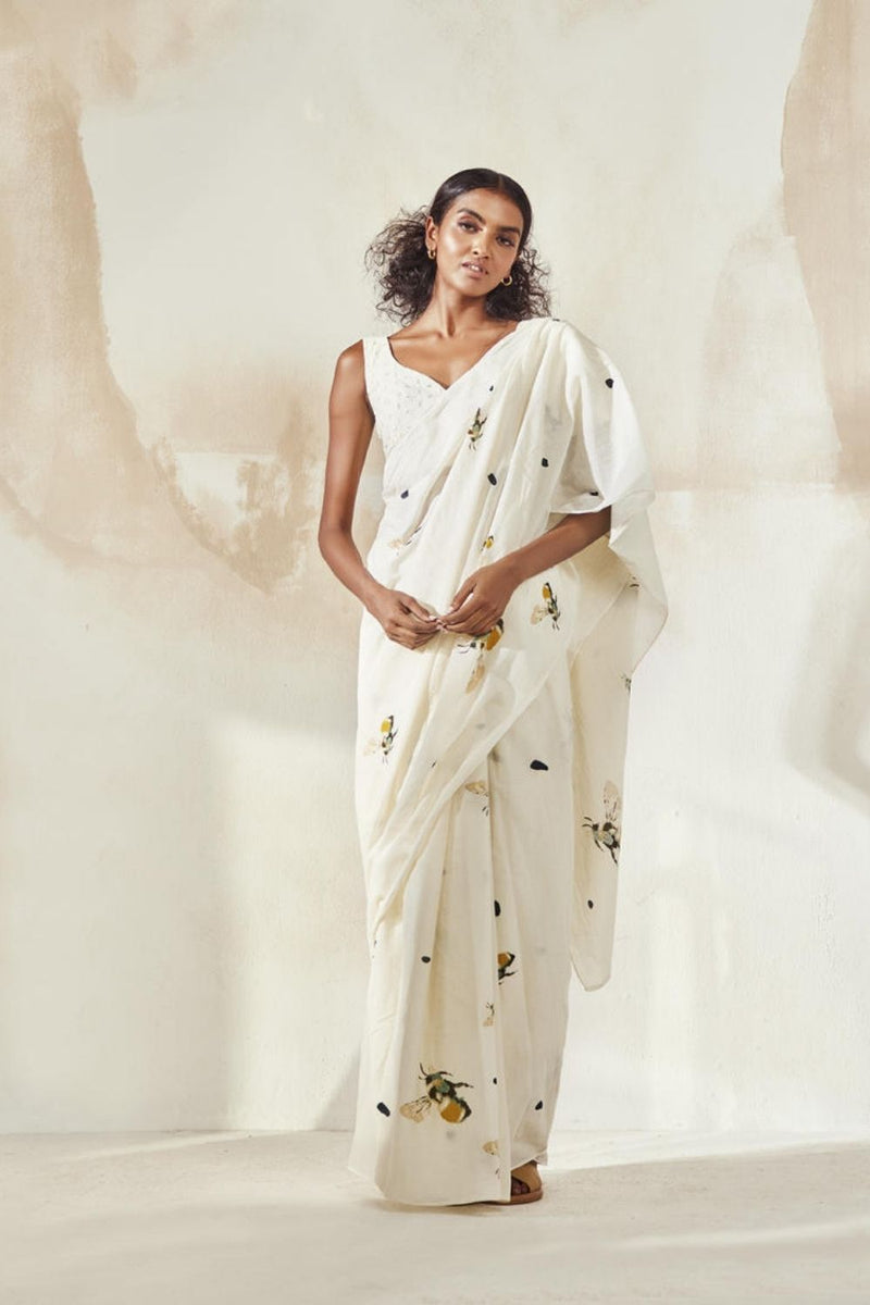 Busy Bee Saree Sarees by Khara Kapas in white for women Worldwide