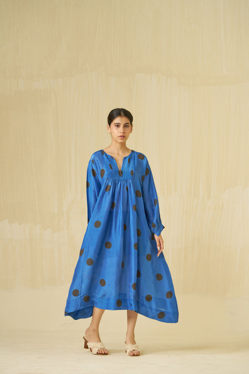 Button Dress-Sweet pea blue + Dark chocolate brown upada silk dress by Stoique in sweet pea blue, dark chocolate brown for women Worldwide
