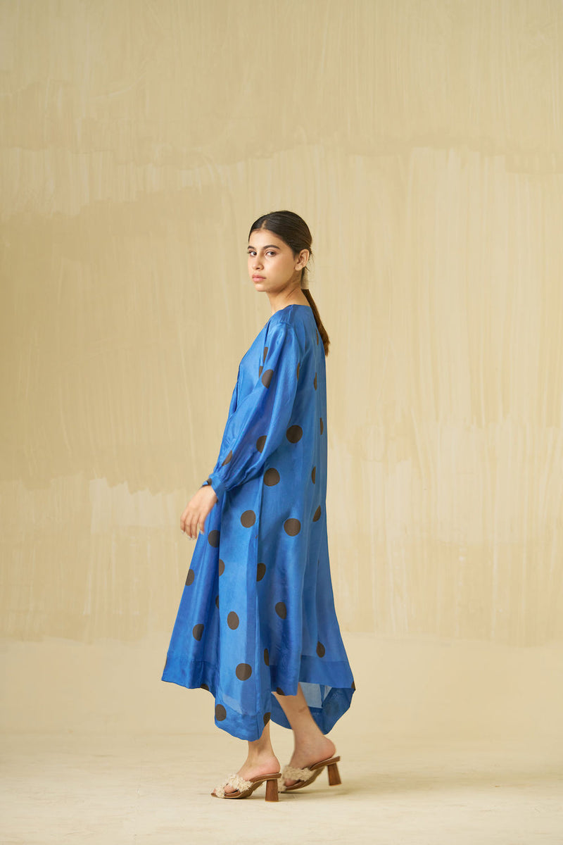 Button Dress-Sweet pea blue + Dark chocolate brown upada silk dress by Stoique in sweet pea blue, dark chocolate brown for women Worldwide