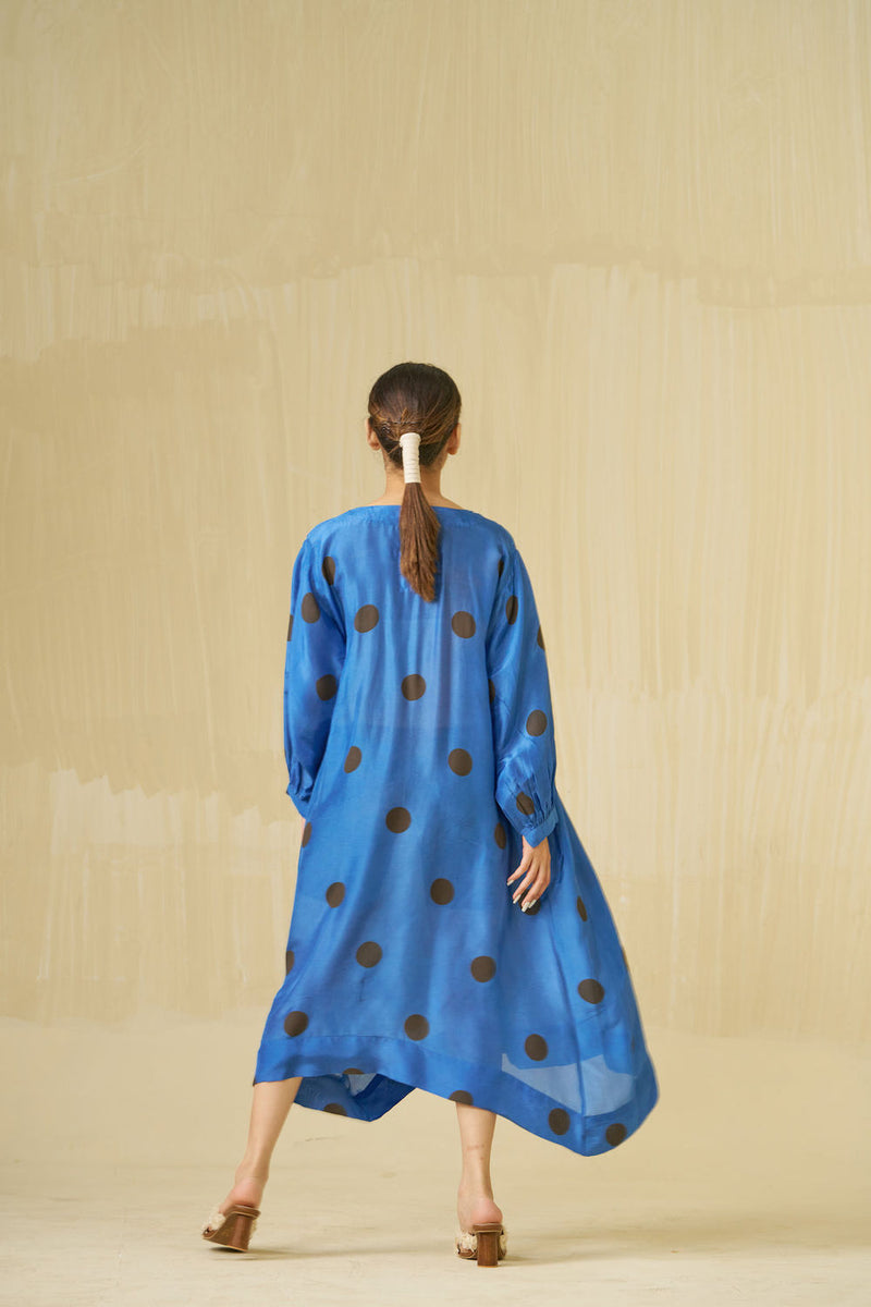 Button Dress-Sweet pea blue + Dark chocolate brown upada silk dress by Stoique in sweet pea blue, dark chocolate brown for women Worldwide