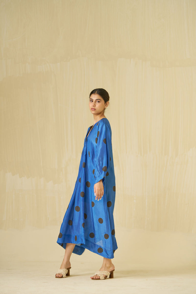 Button Dress-Sweet pea blue + Dark chocolate brown upada silk dress by Stoique in sweet pea blue, dark chocolate brown for women Worldwide