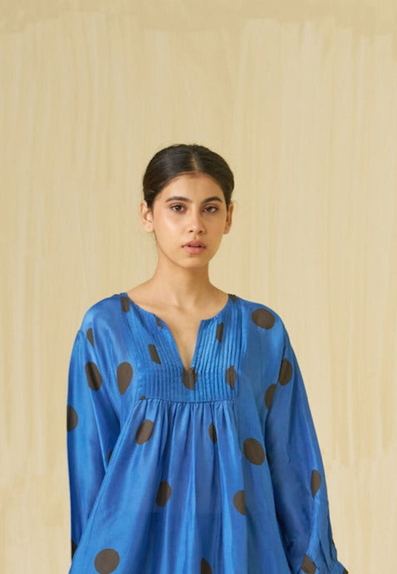 Button Dress-Sweet pea blue + Dark chocolate brown upada silk dress by Stoique in sweet pea blue, dark chocolate brown for women Worldwide