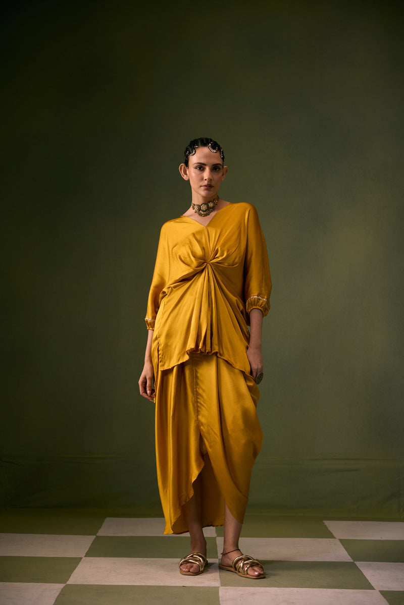 Moro Toga Drape Dress vegan satin, organza satin sarees by PRAHNAAYA in musturd yellow for women Worldwide