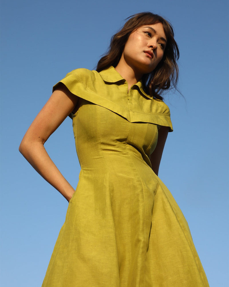 Sophie Cape dress linen by Leh Studios in green color for women Worldwide