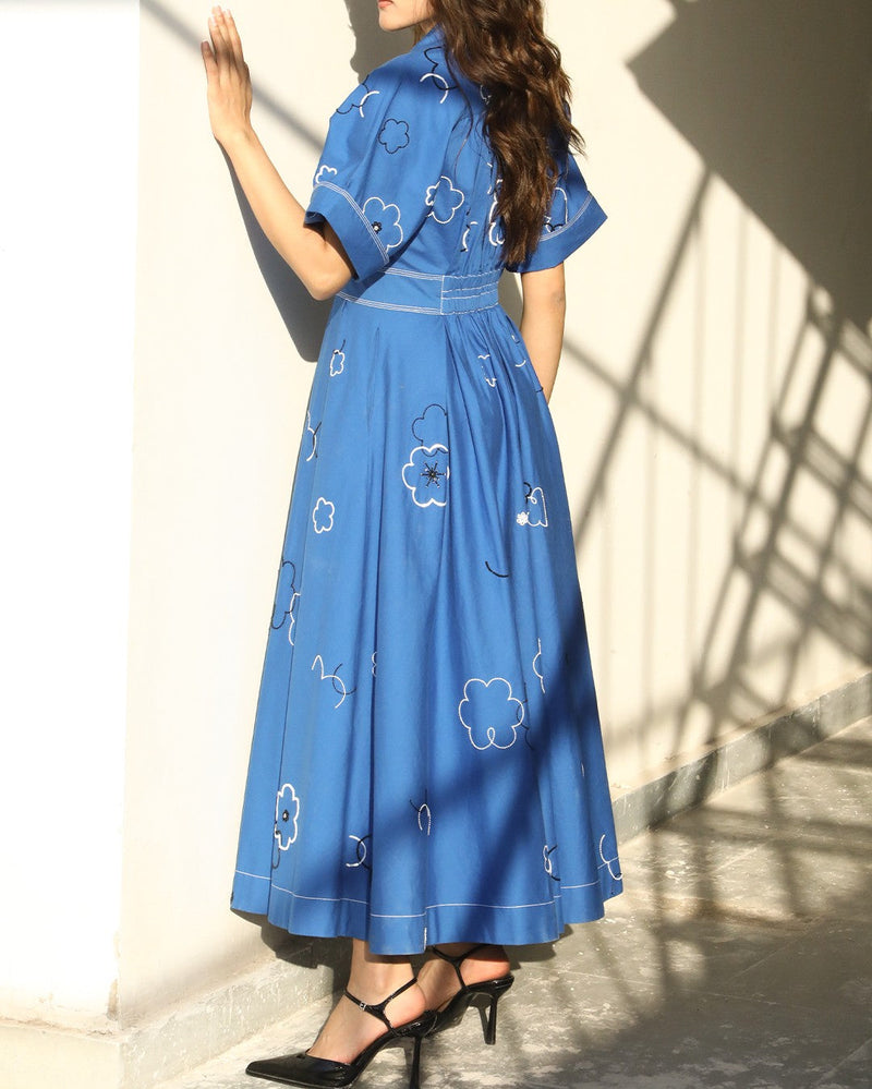 Ditsy Embroidered Sundress 100% cotton by Leh Studios in blue color for women Worldwide