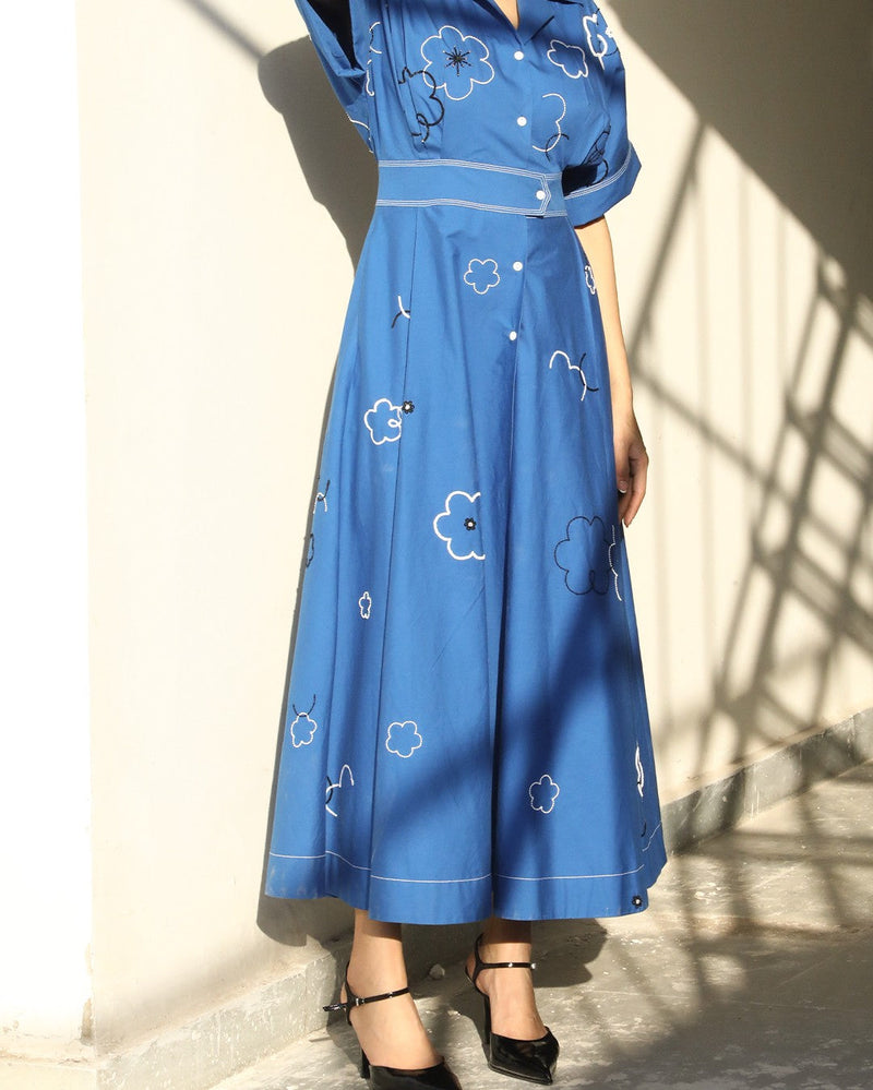 Ditsy Embroidered Sundress 100% cotton by Leh Studios in blue color for women Worldwide