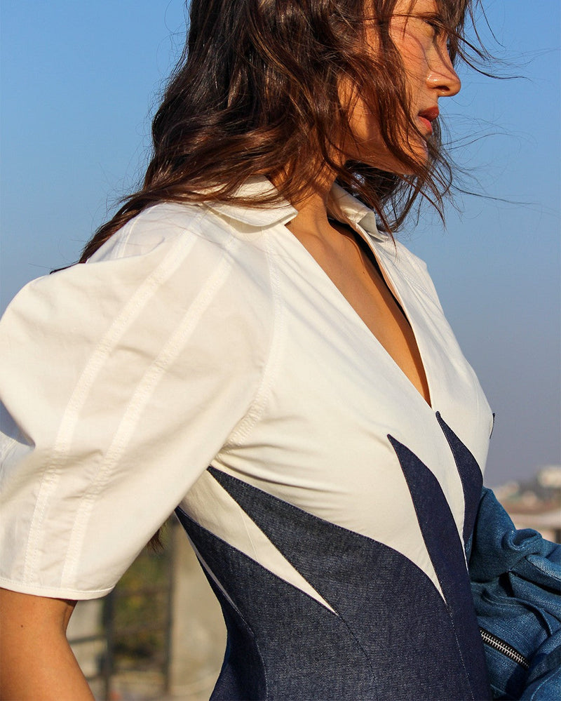 Yacht Dress-Blue & White 100% cotton by Leh Studios in multi color for women Worldwide