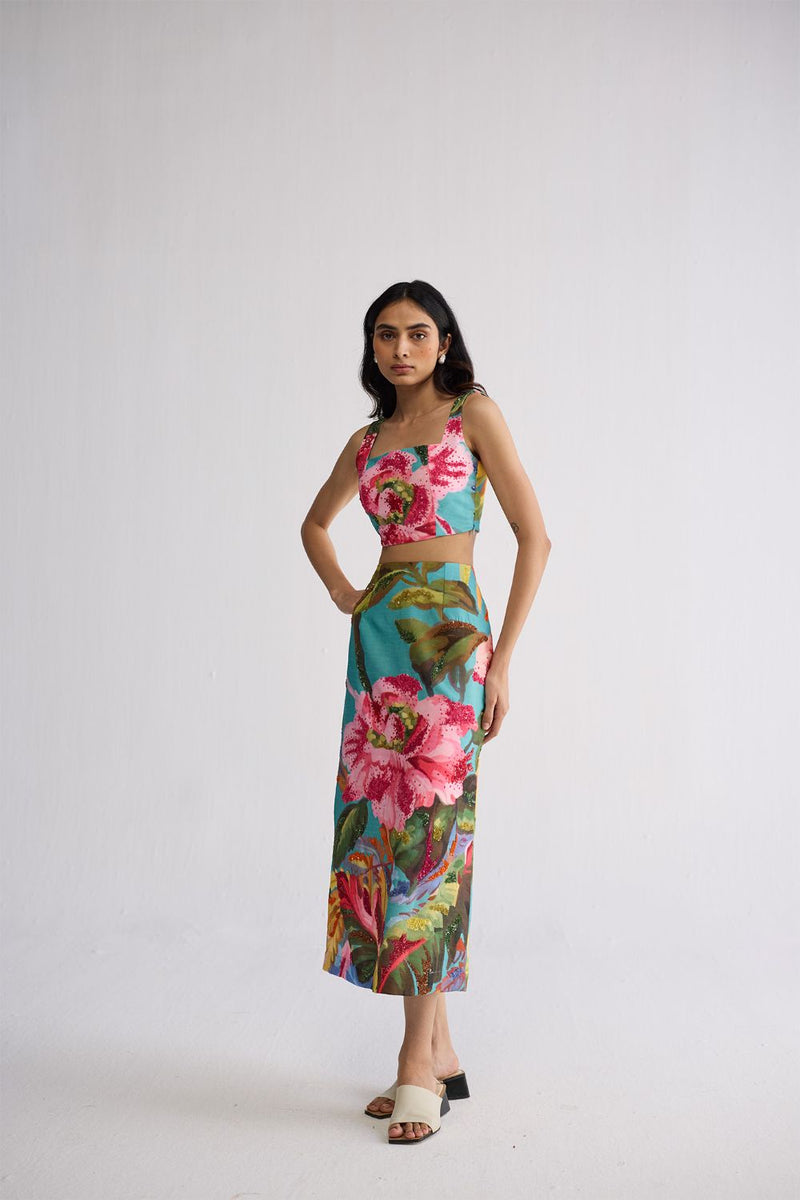 CAMPARI EMBROIDERED TOP AND SKIRT SET cotton silk co-ord set by YAM in multicolor for women Worldwide