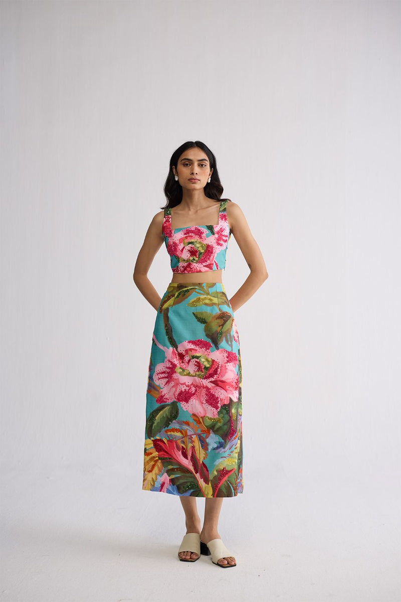CAMPARI EMBROIDERED TOP AND SKIRT SET cotton silk co-ord set by YAM in multicolor for women Worldwide