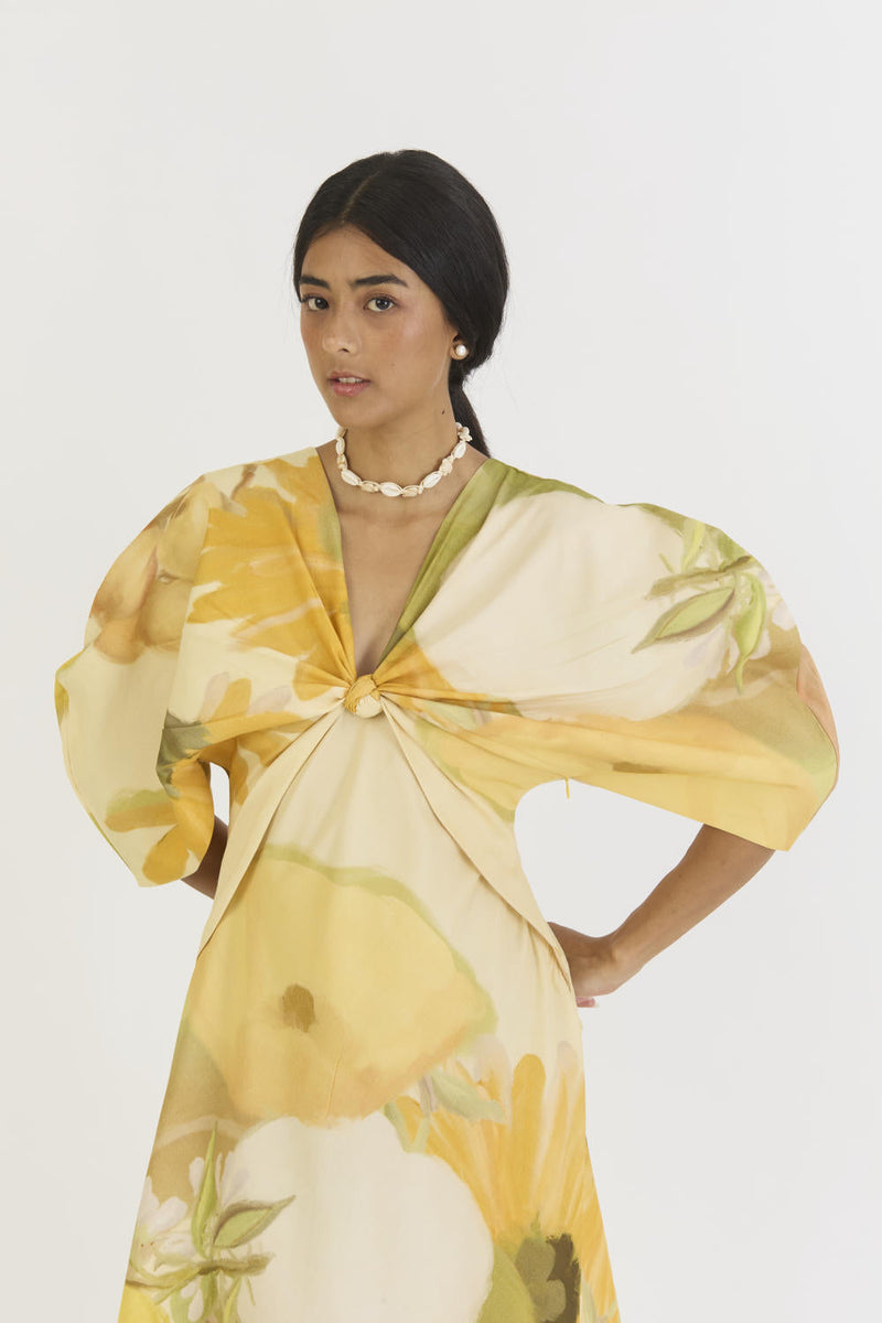 CANARY DRESS (KNOTTED DRESS) satin by Yam in yellow color for women Worldwide