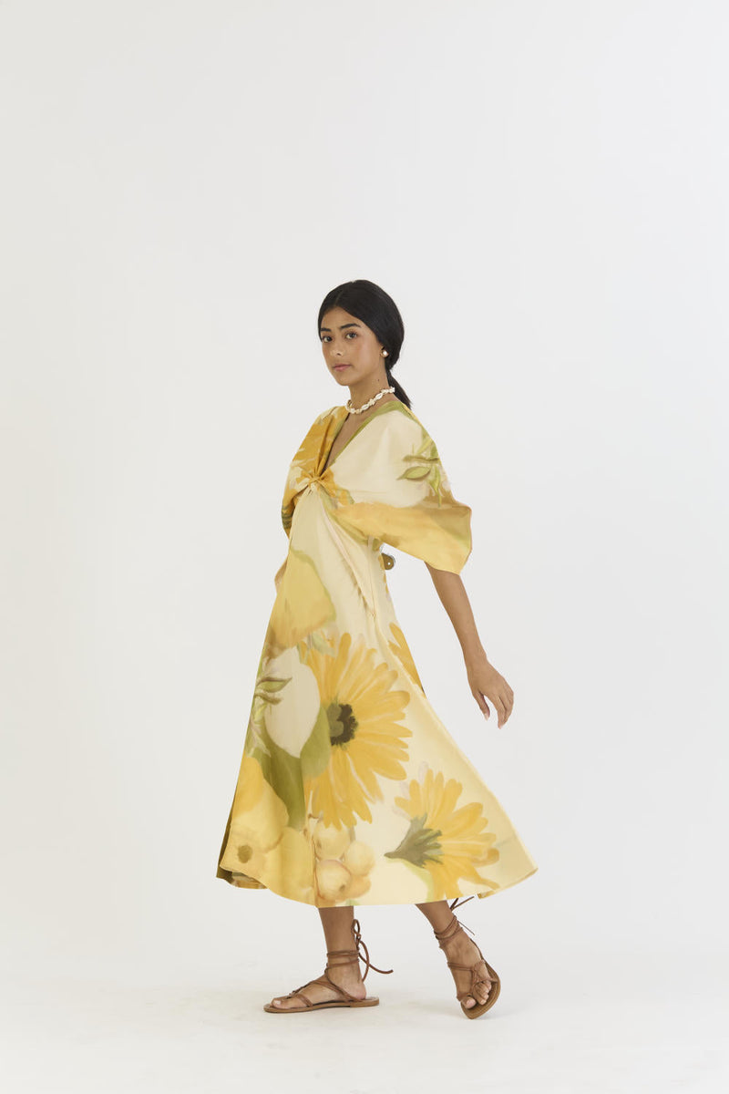 CANARY DRESS (KNOTTED DRESS) satin by Yam in yellow color for women Worldwide