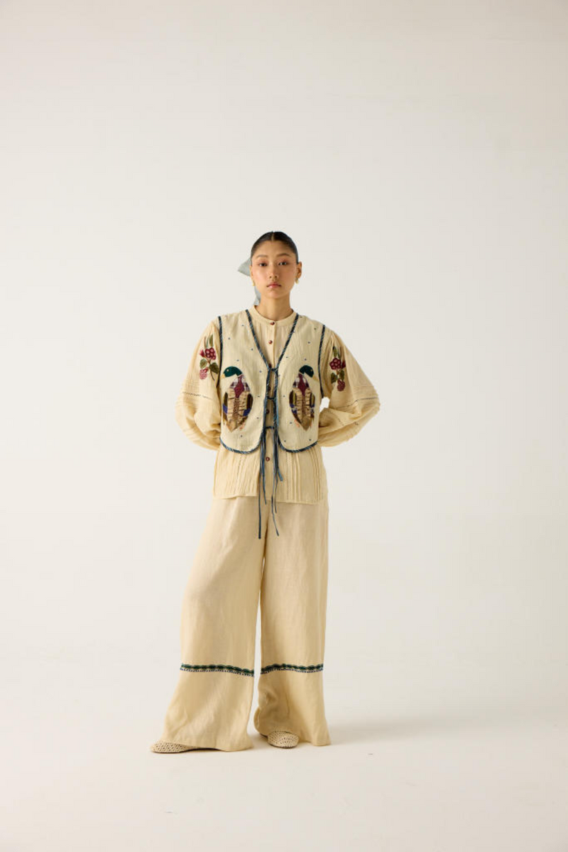 CARA SET-IVORY (HAZEL TOP+JANET GILLET+APPLIQUE PANTS') cotton by CORD in multi for women Worldwide