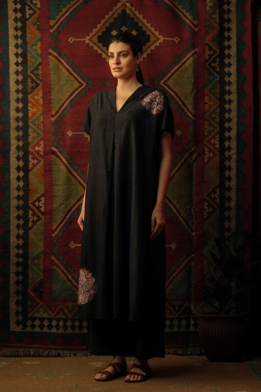 ‘Chakri’ Appliqué Embroidered kaftan black Lounge Wear by Mallika Mathur in black color for women Worldwide