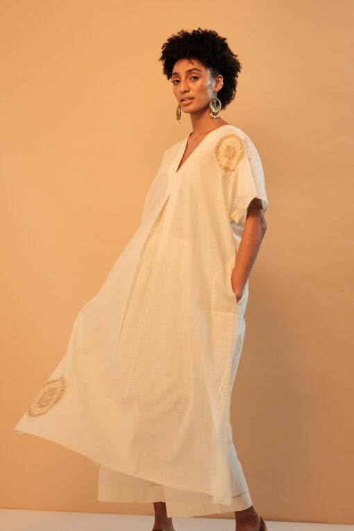 Chakri Applique Embroidered Kaftan Off-White Lounge Wear,Top & Tunics by Mallika Mathur in white color for women Worldwide