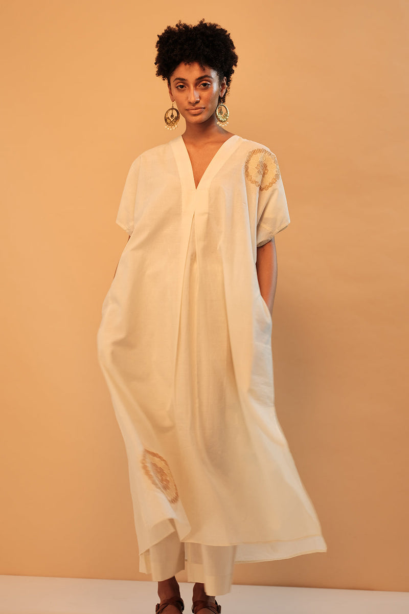 Chakri Applique Embroidered Kaftan Off-White Lounge Wear,Top & Tunics by Mallika Mathur in white color for women Worldwide