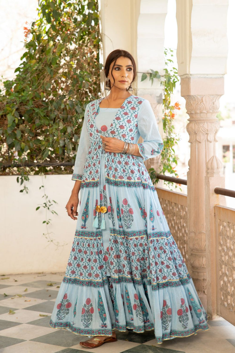 Chandni firoza mughal baagh jacket set by Maison Shefali for women Worldwide